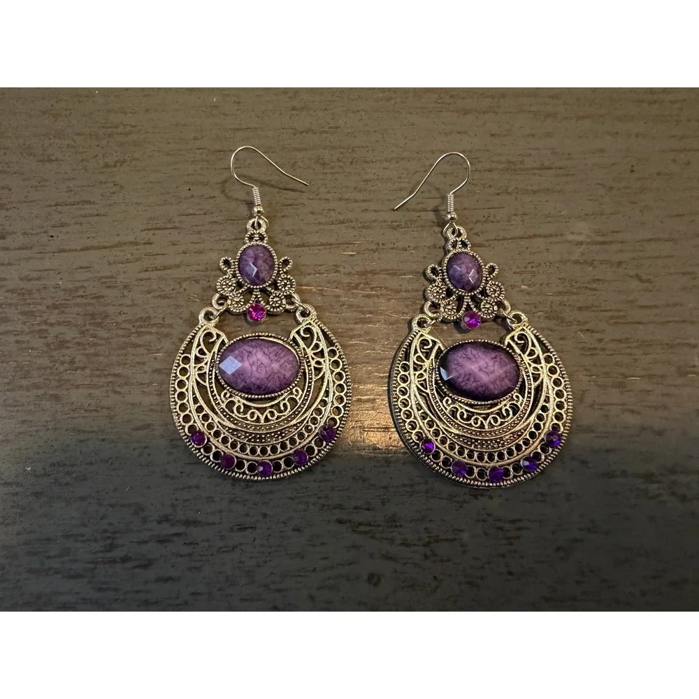 Boho Silver Tone Purple Faux Stone Filigree Chandelier Drop Earrings Festival